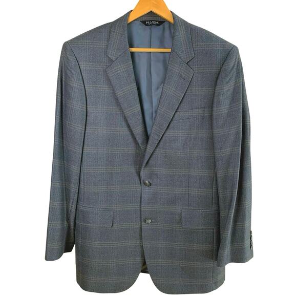 Jos A Bank Size 41L Men's Wool Sport Silk Blazer Jacket Blue Gray Plaid Career - Picture 1 of 8